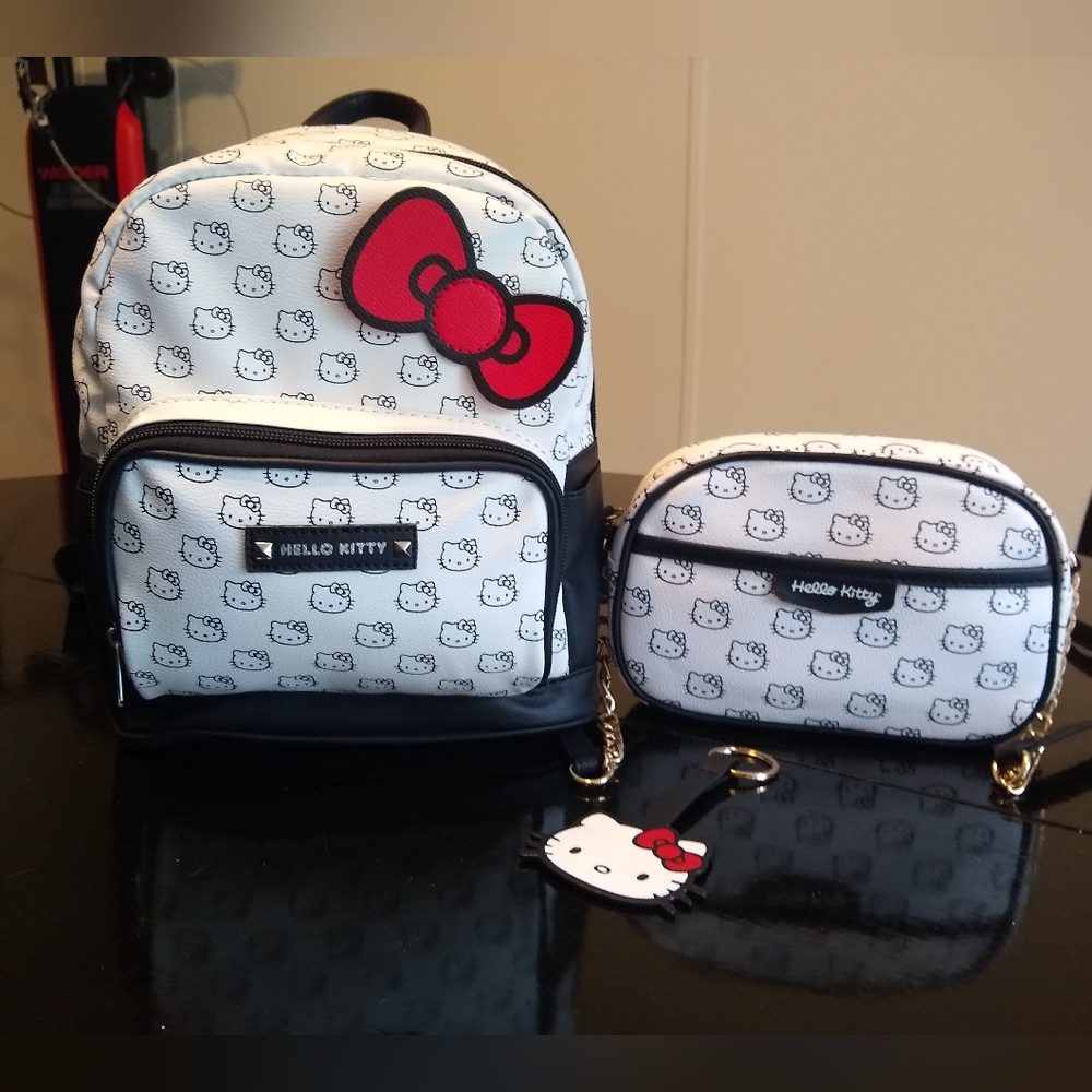Helly Kitty mini back pack purse and mini crossbody purse. Black and white HK
